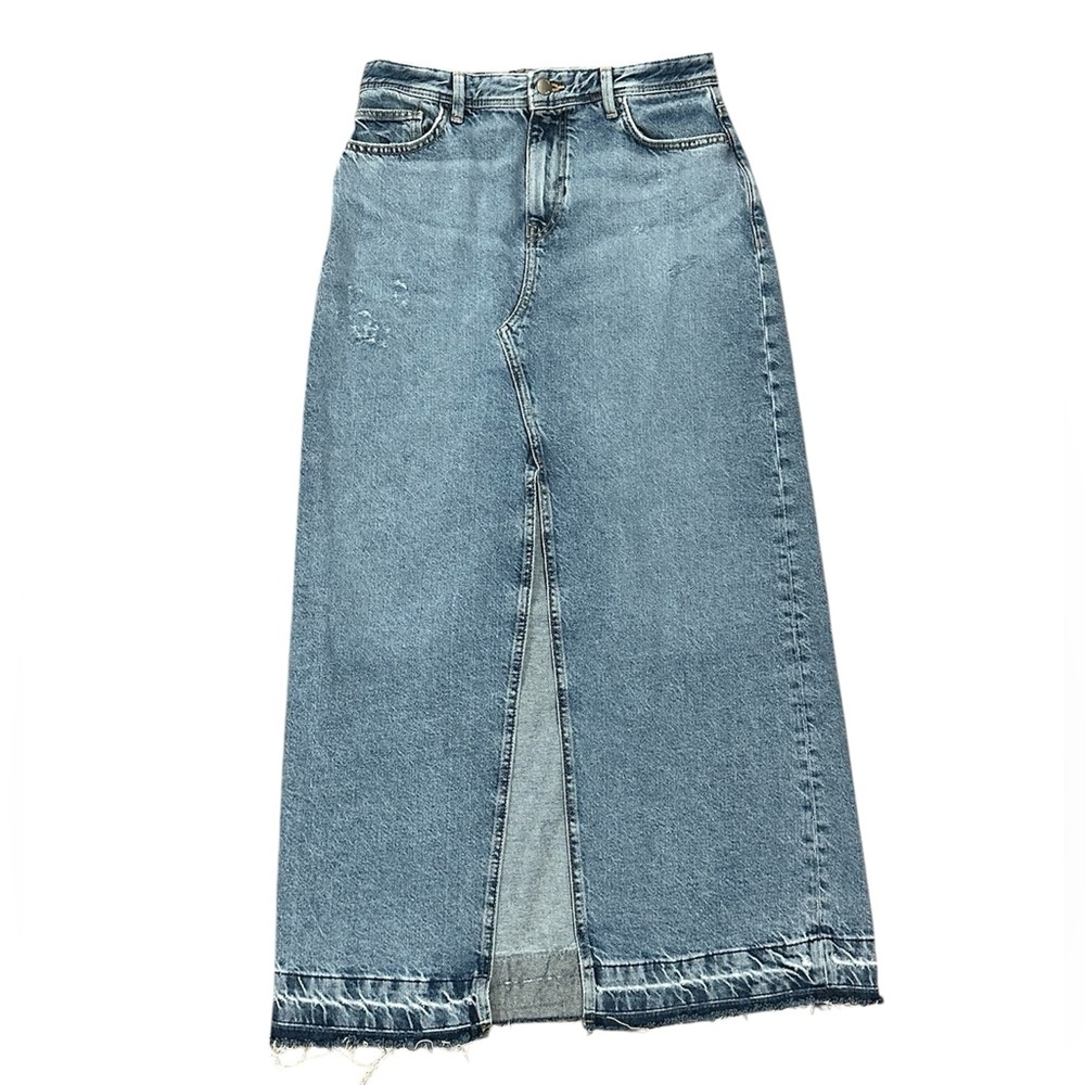 Zara TRF Long Denim Skirt Size S 100% Cotton High Rise Distressed Raw Hem Slit - Picture 6 of 11